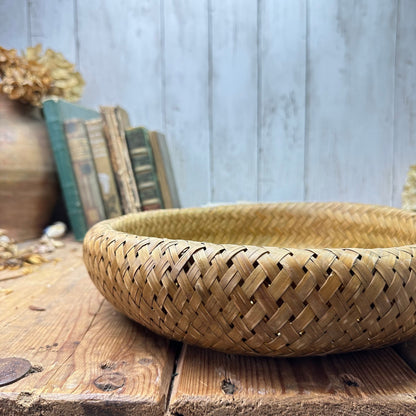 Small Mid Century Woven Boho Tiki Round Basket