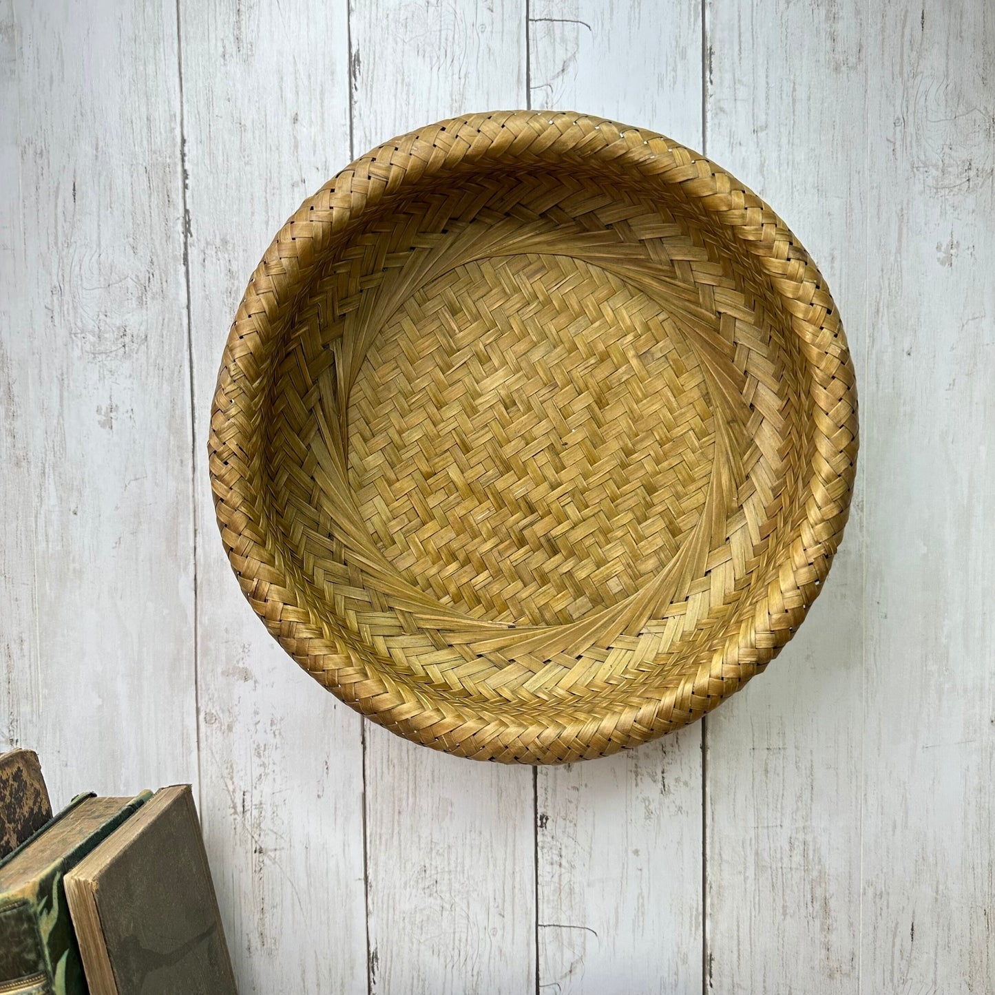 Small Mid Century Woven Boho Tiki Round Basket