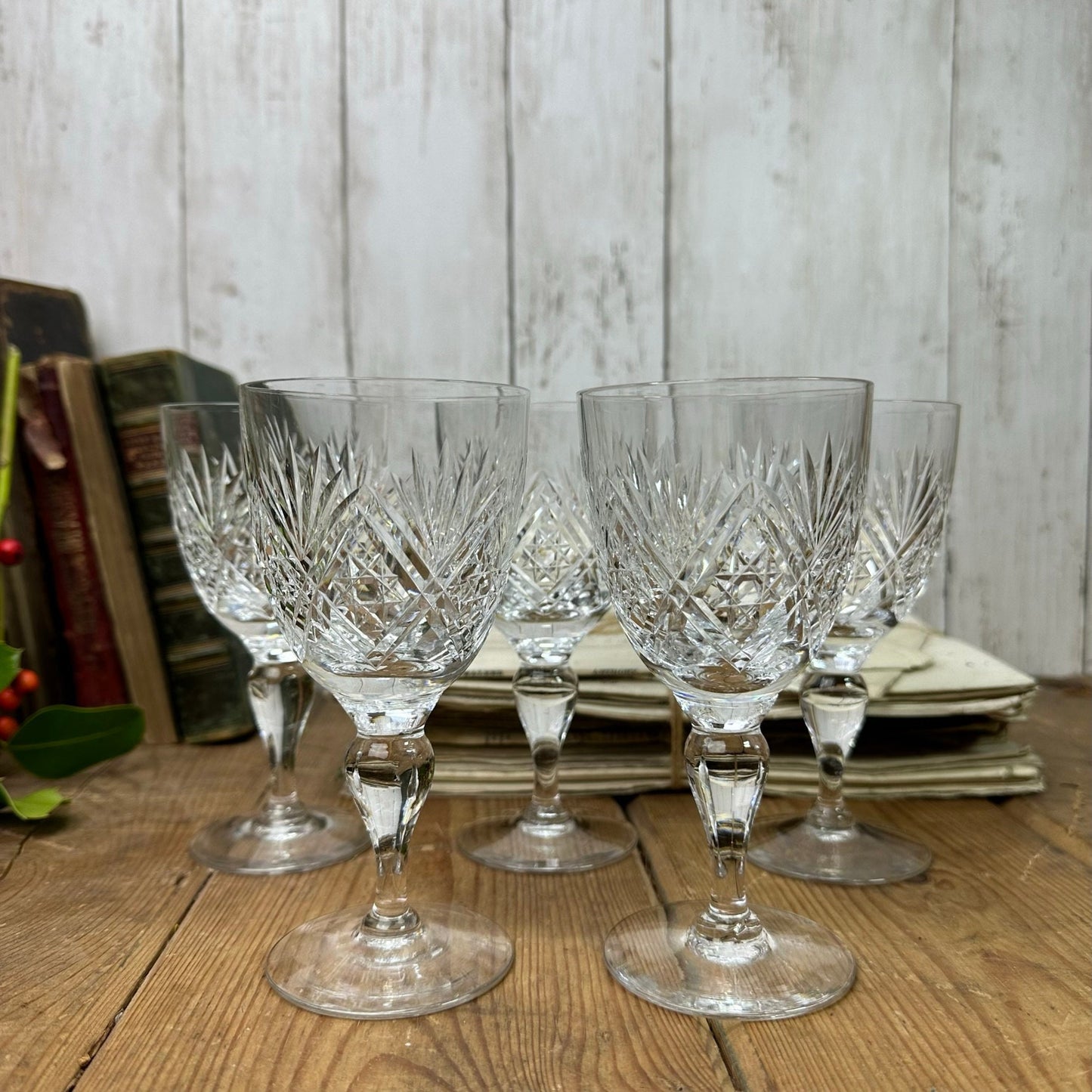 Five Vintage Taller Wine Glasses Pattern D