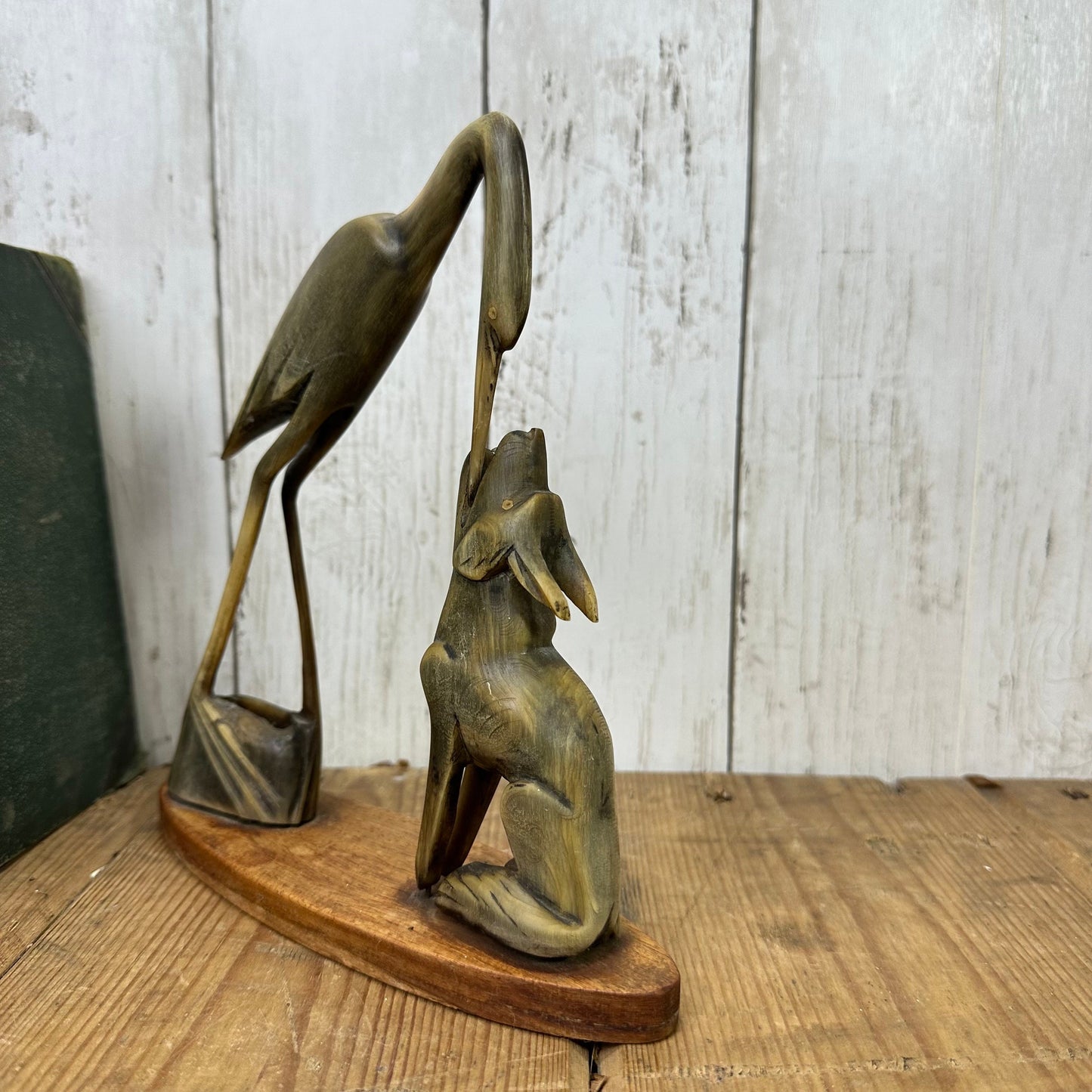 Mid Century Carved Horn Crane & Wolf