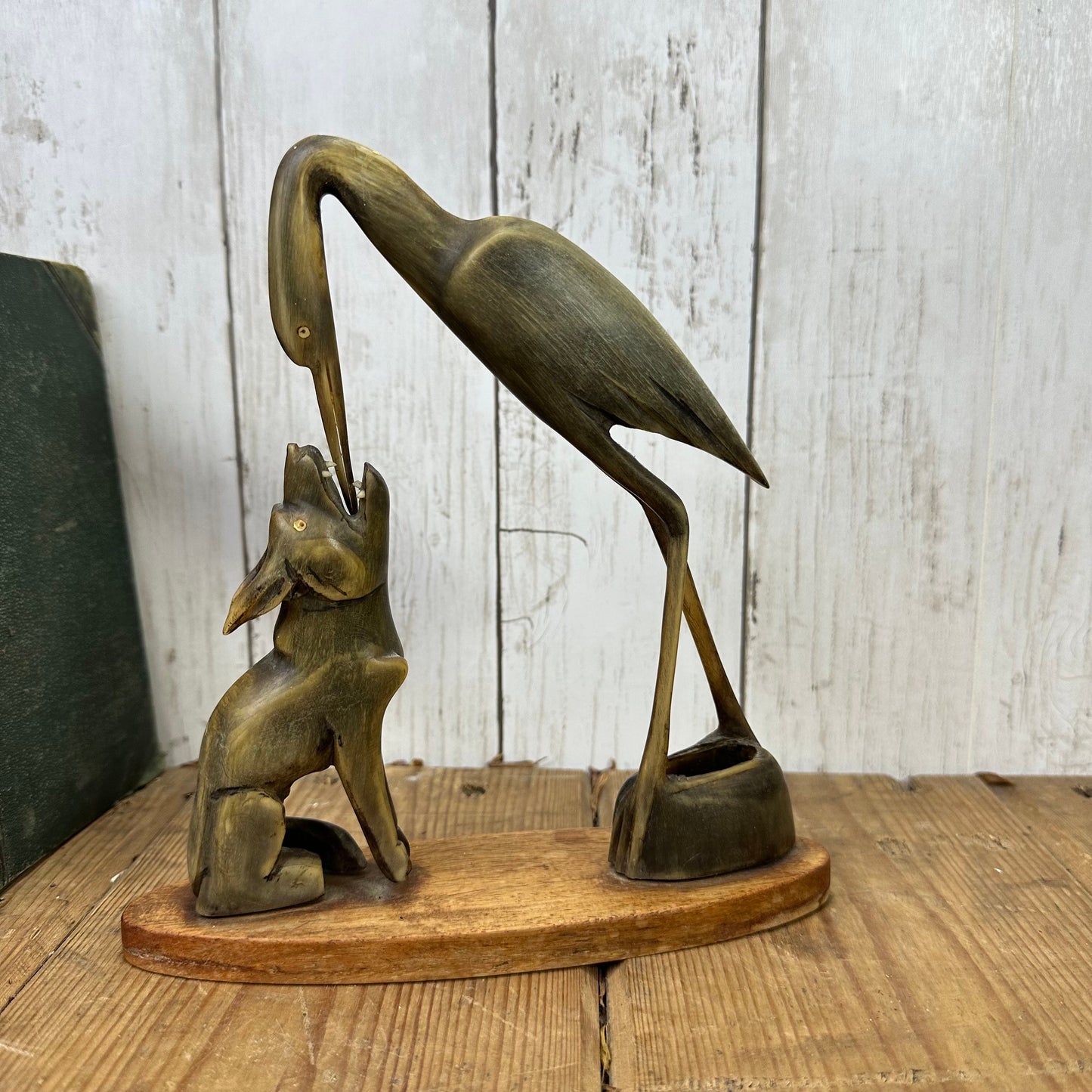 Mid Century Carved Horn Crane & Wolf