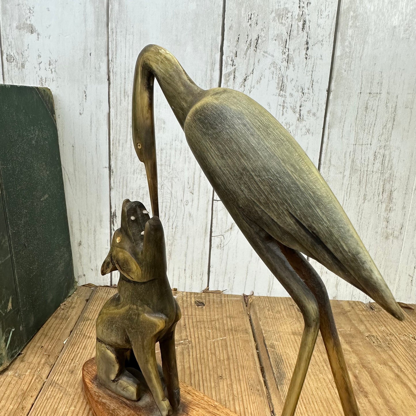 Mid Century Carved Horn Crane & Wolf