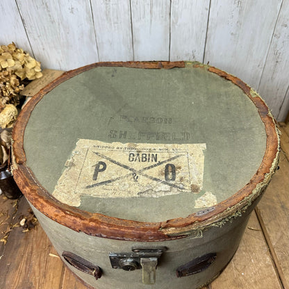 Fabulous Leather Bound Military Hat Box Case, Travel Case