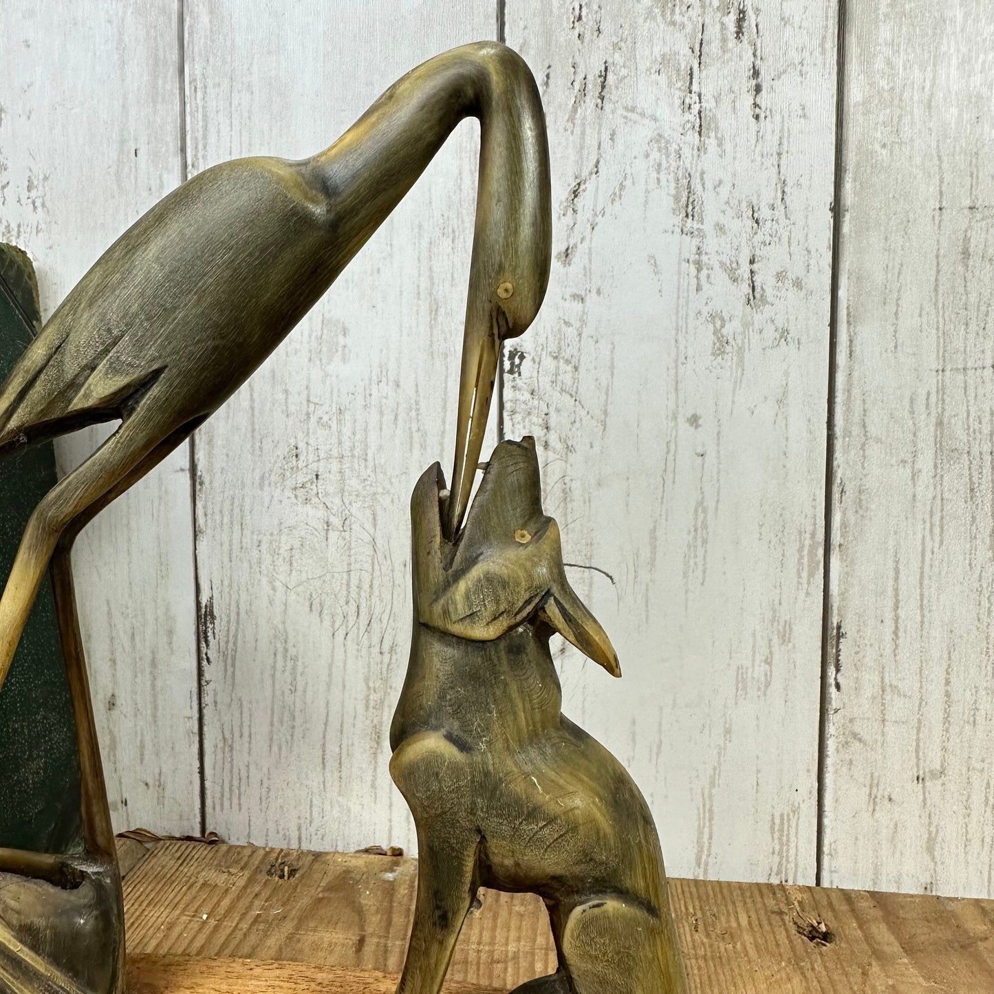 Mid Century Carved Horn Crane & Wolf