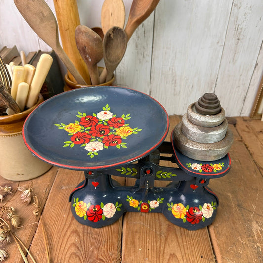 Vintage Bargeware Blue Kitchen Scales with Weights, Narrowboat, Canalware