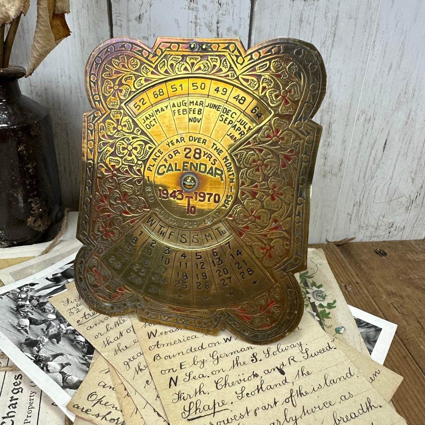 Vintage Brass Perpetual 28 Years Calendar Freestanding 1943 - 1970