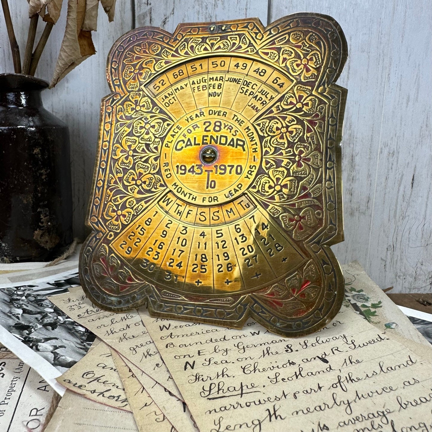 Vintage Brass Perpetual 28 Years Calendar Freestanding 1943 - 1970