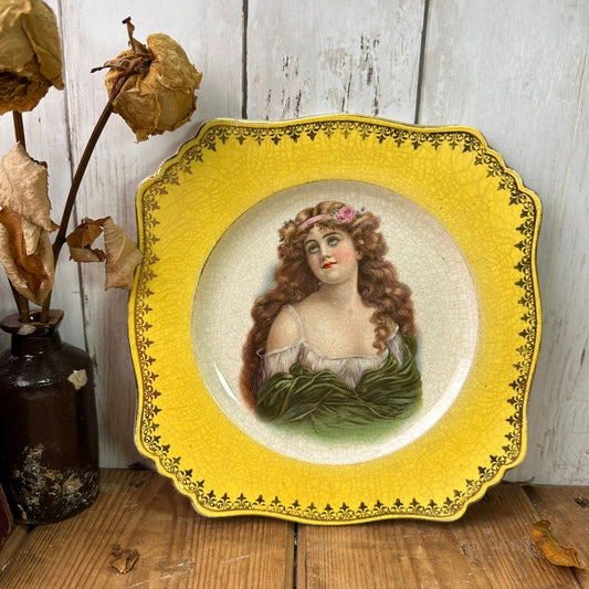 Yellow Antique Plate With Painted Lady, Wall Decor