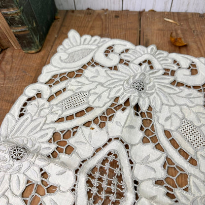 Vintage Hand Embodied Ecru Linen Cut Work Small Table Cloth, Matt