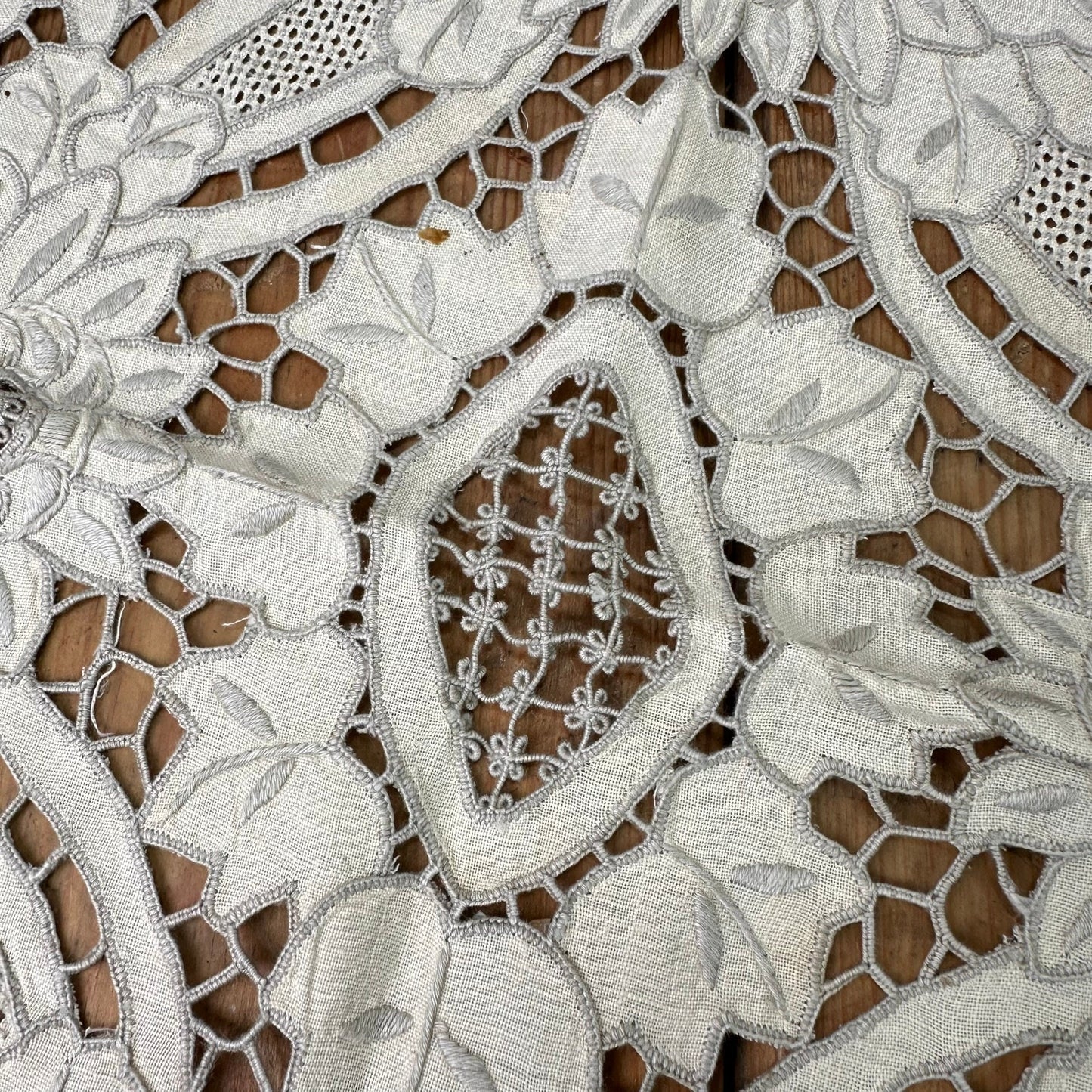 Vintage Hand Embodied Ecru Linen Cut Work Small Table Cloth, Matt