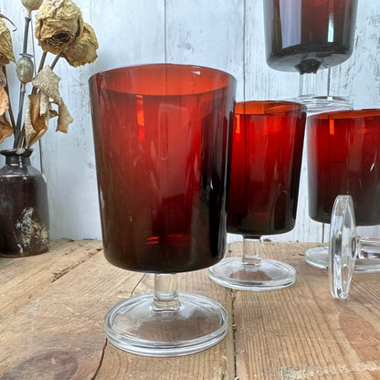 Six Ruby Red Mid Century Luminarc Large Wine Glasses