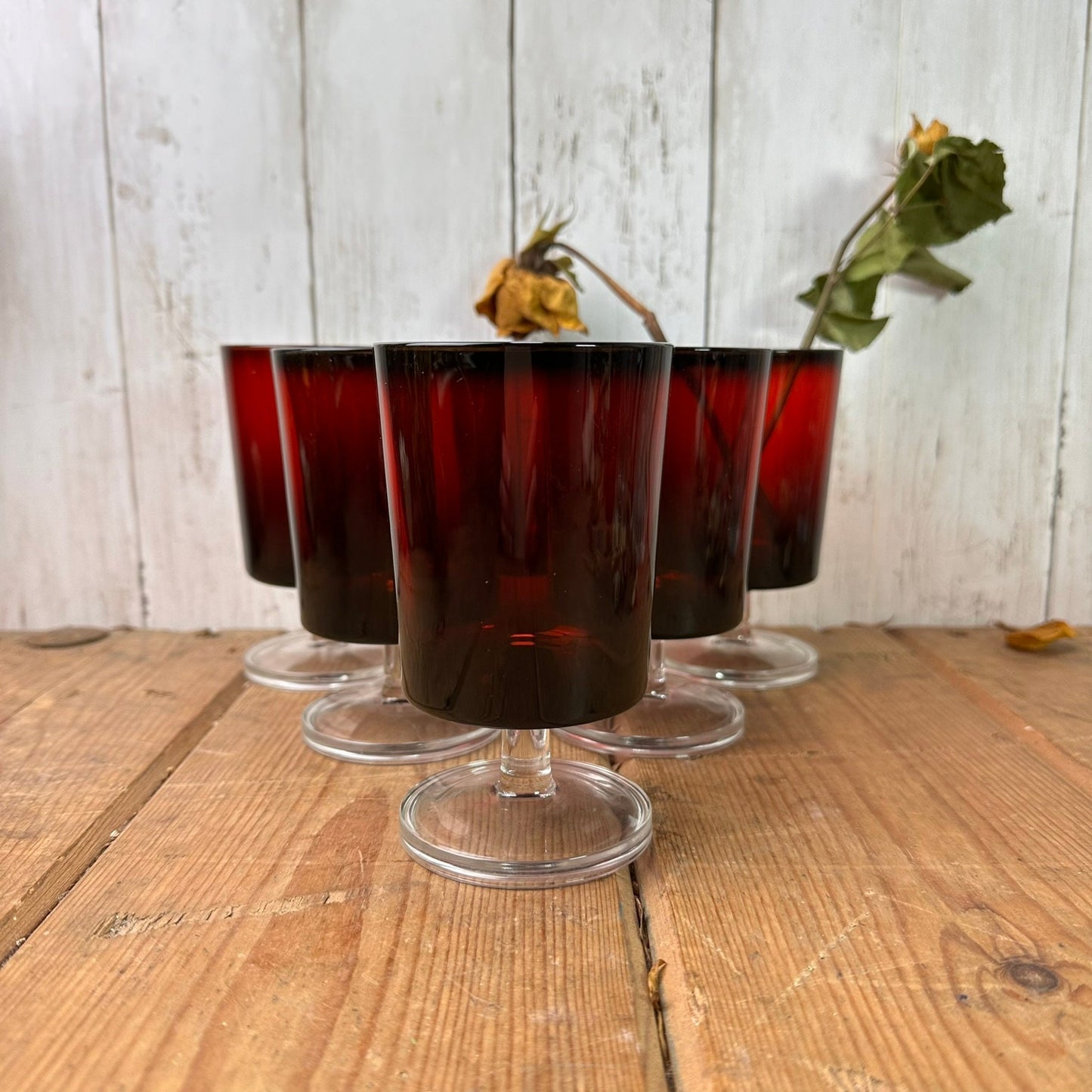 Set of Six Ruby Red Mid Century Luminarc Large Wine Glasses