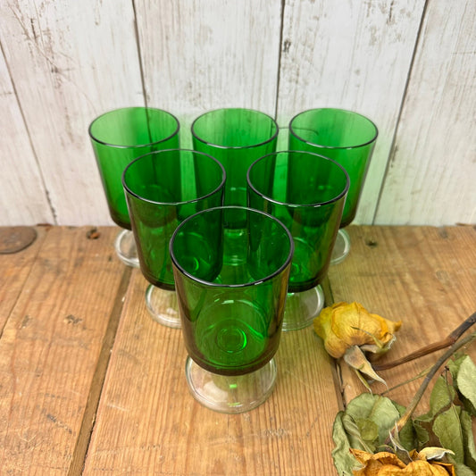 Set of Six Green Mid Century Luminarc Medium Wine Glasses