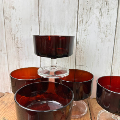 Six Ruby Red Mid Century Luminarc Fruit Sundae Desert Glasses