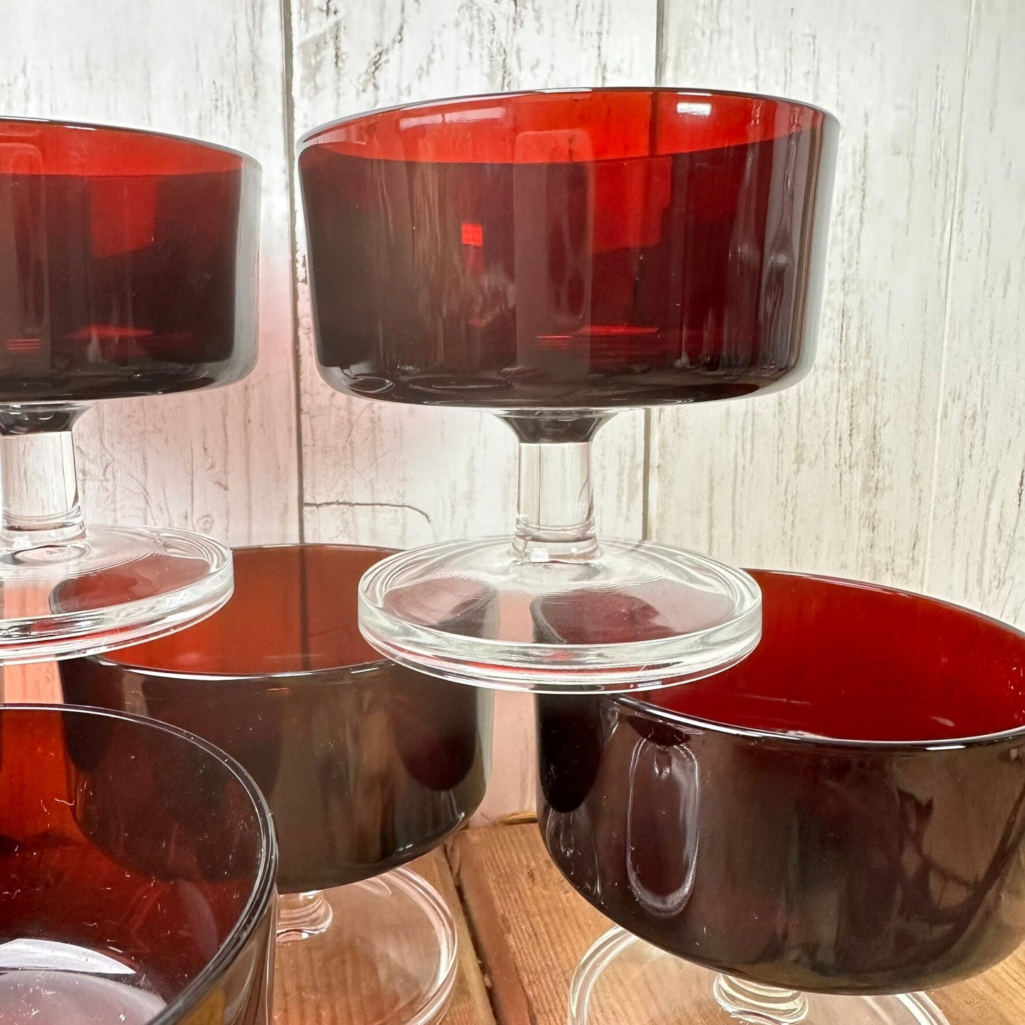 Six Ruby Red Mid Century Luminarc Fruit Sundae Desert Glasses