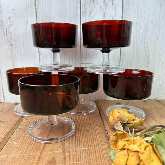 Six Ruby Red Mid Century Luminarc Fruit Sundae Desert Glasses - The Blind Mole