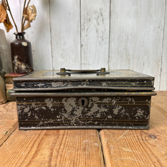 Vintage Metal Black & Gold Cash Tin, Deed Box