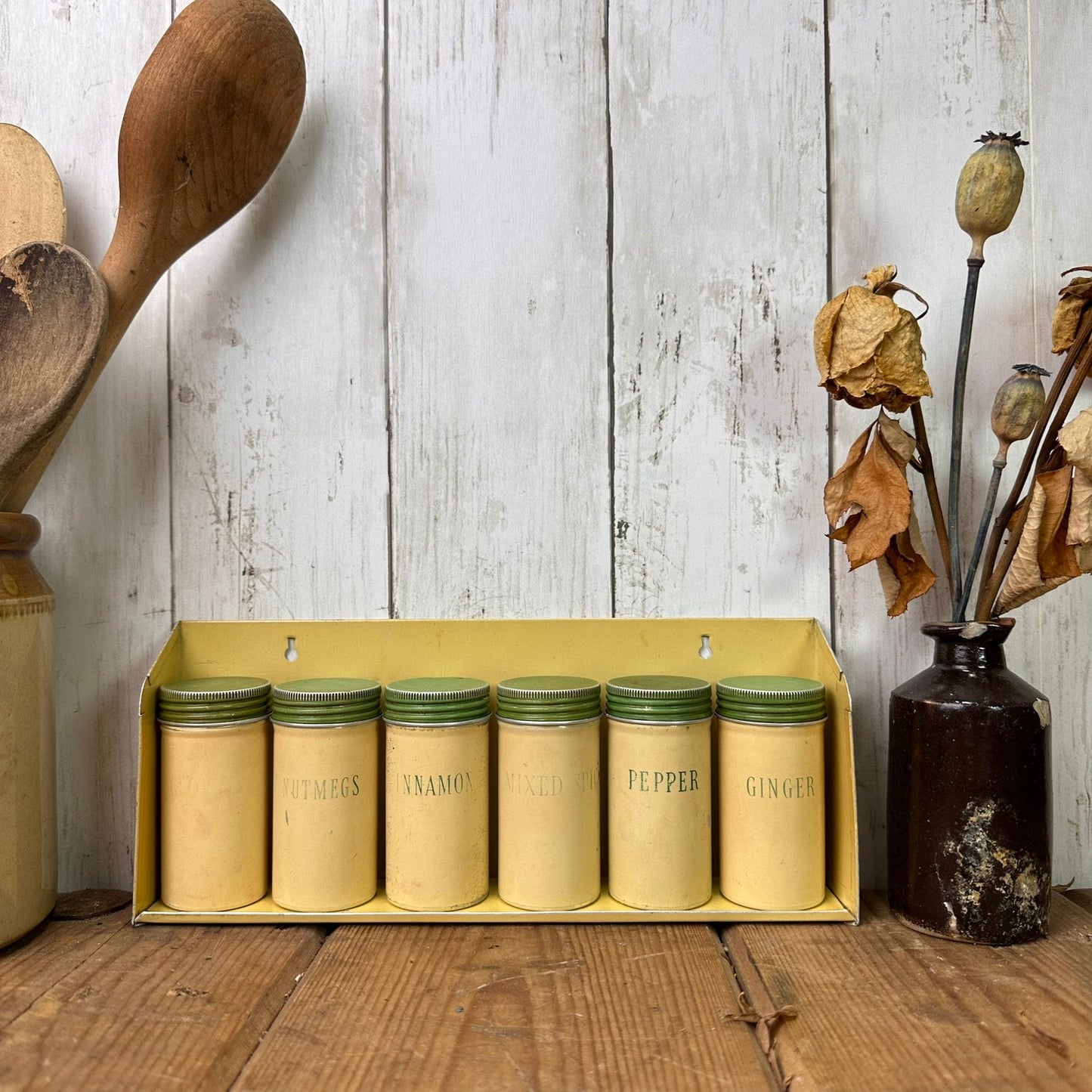 Set of Vintage Enamel Spice Jars, Enamel Cannisters With Enamel Shelf