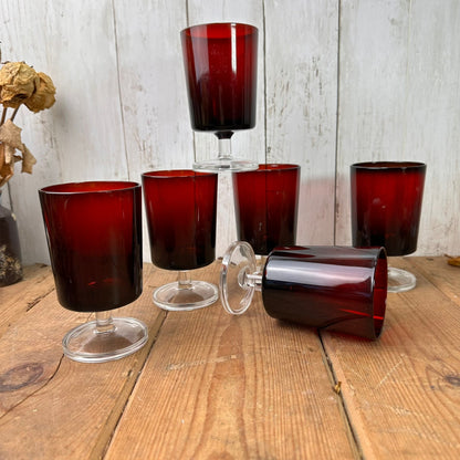 Six Ruby Red Mid Century Luminarc Large Wine Glasses