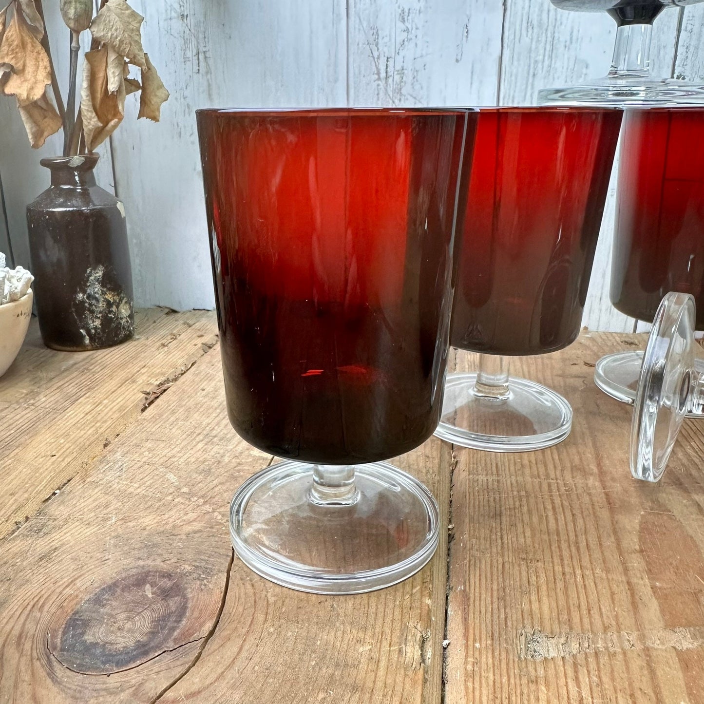 Six Ruby Red Mid Century Luminarc Large Wine Glasses