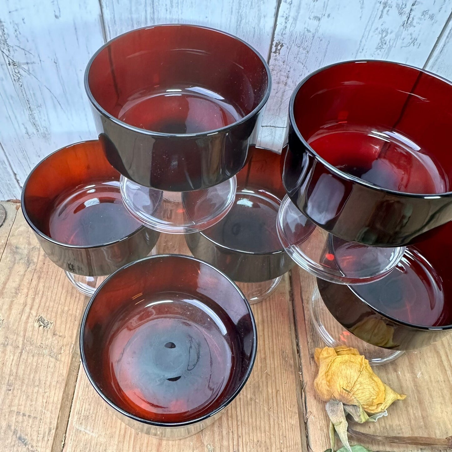 Six Ruby Red Mid Century Luminarc Fruit Sundae Desert Glasses