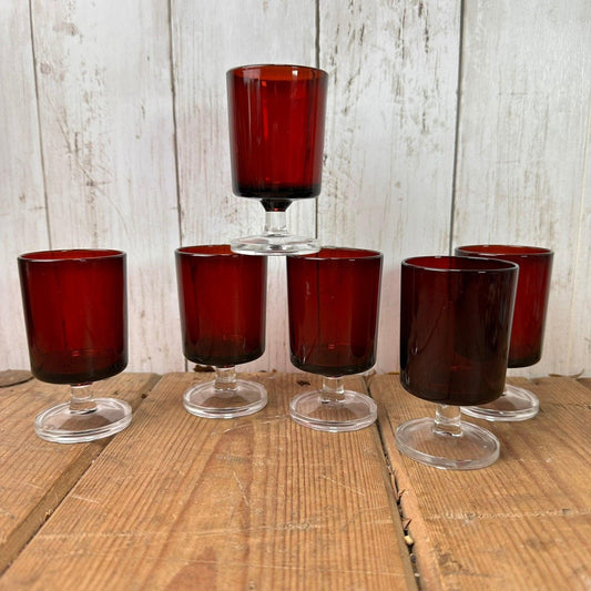 Six Ruby Red Mid Century Luminarc Small Shot Glasses - The Blind Mole