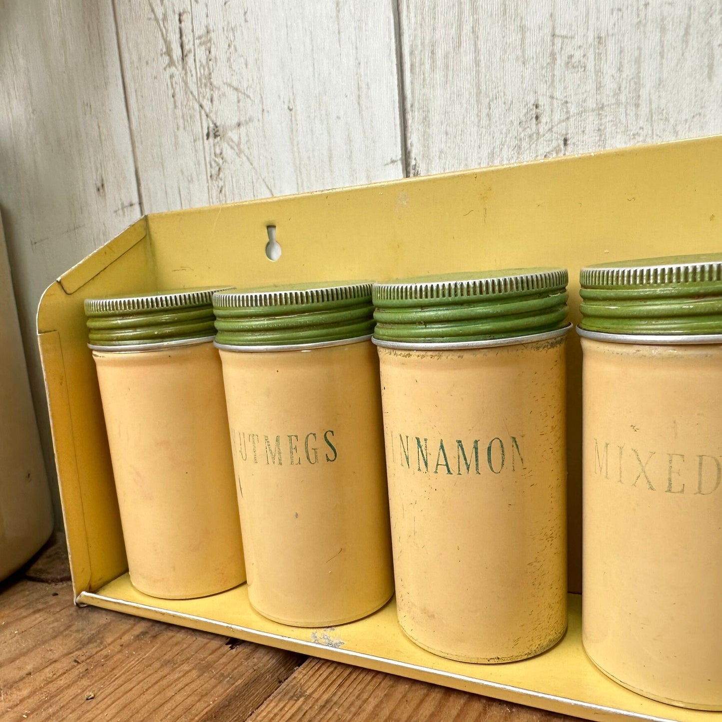 Vintage Enamel Spice Jars, Enamel Cannisters With Enamel Shelf
