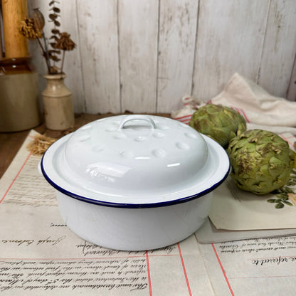 Vintage White Round Roasting Dish with Lid & Handles Blue Trim