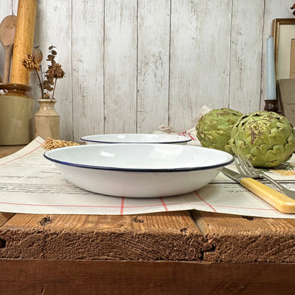 Pair of Vintage Enamel White & Blue Pasta Dish 20cm