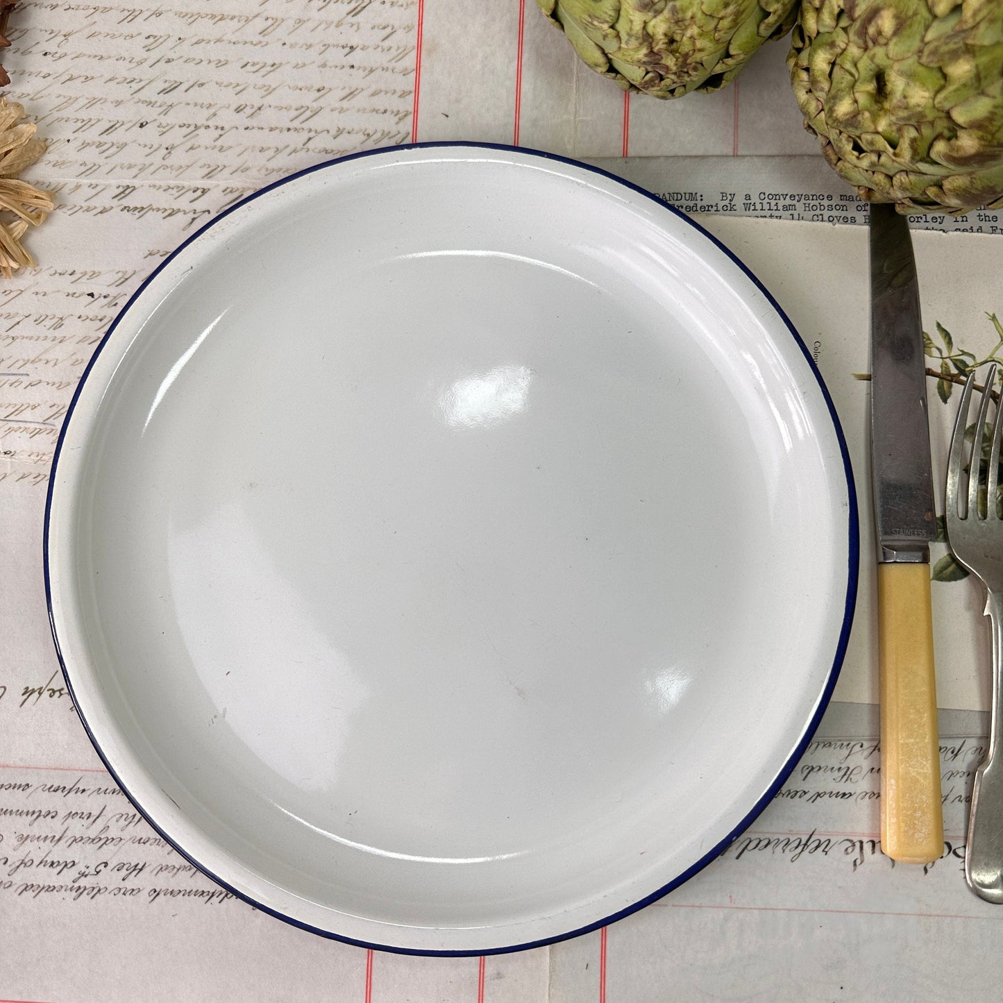 Vintage Enamel White & Blue Shallow Plate 24cm