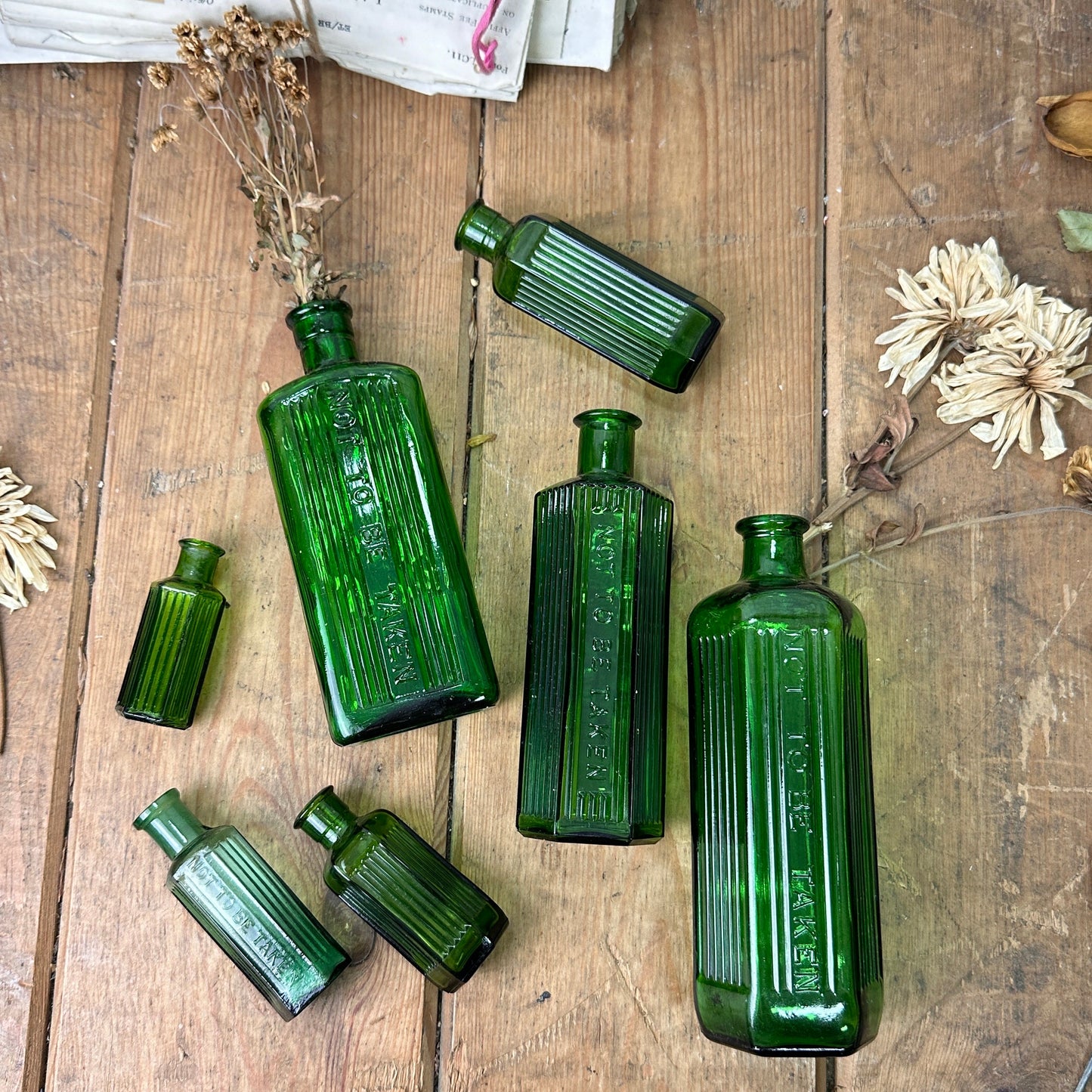 Seven Green Poison Apothecary Chemist Bottles