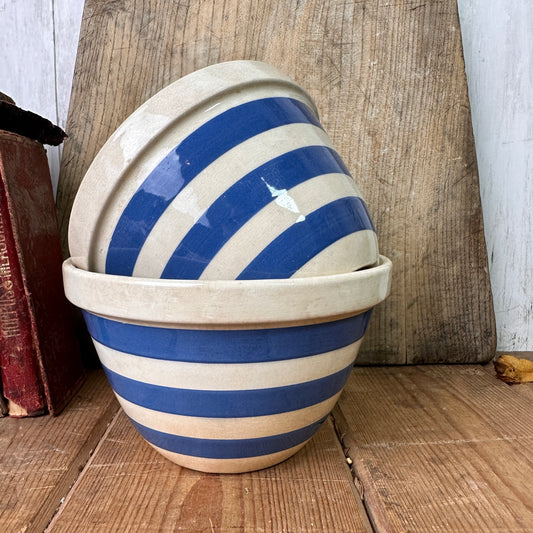 Pair of White & Blue Striped Ironstone Pudding Dish Bowl