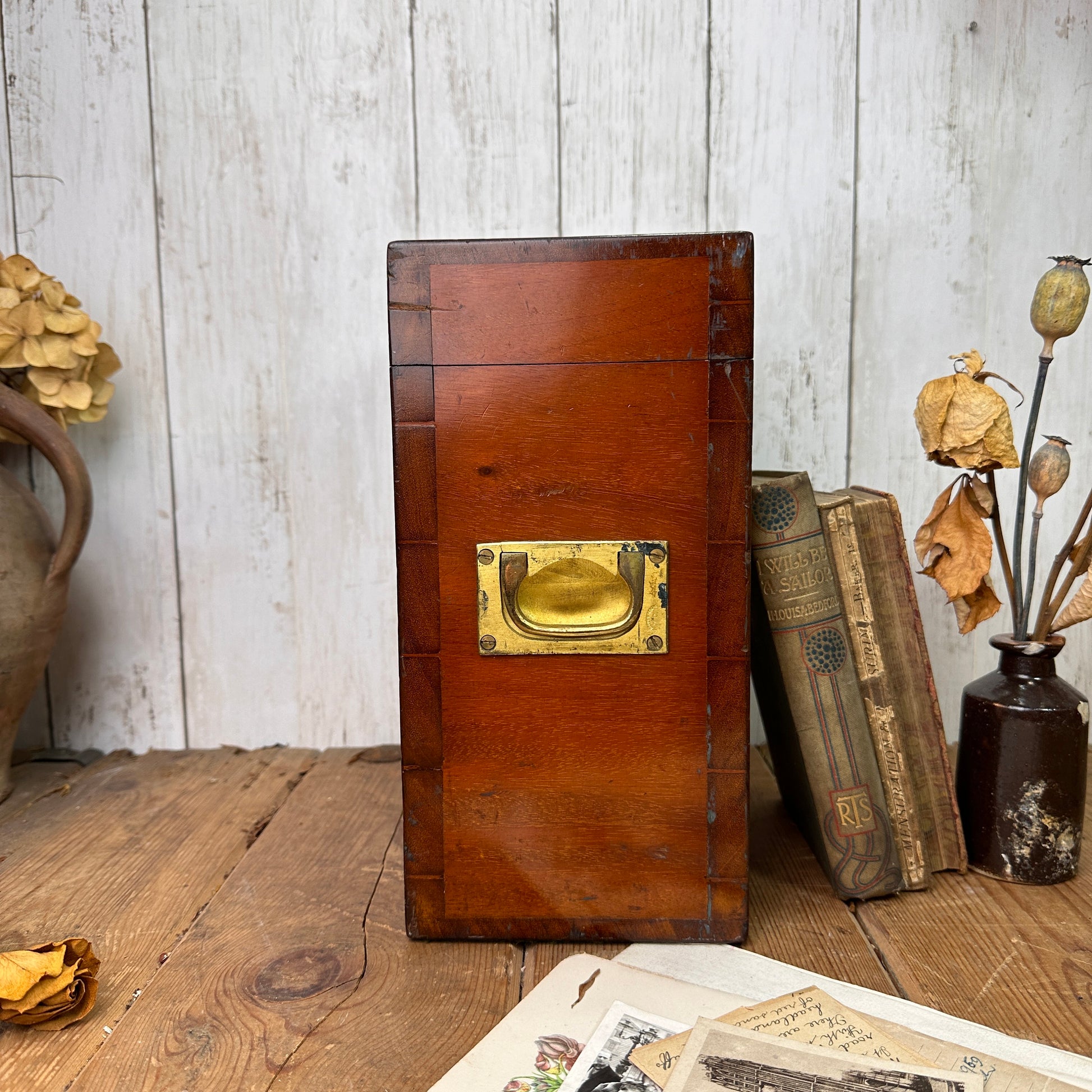 Antique Mahogany Lidded Box With Brass Sunken Handles