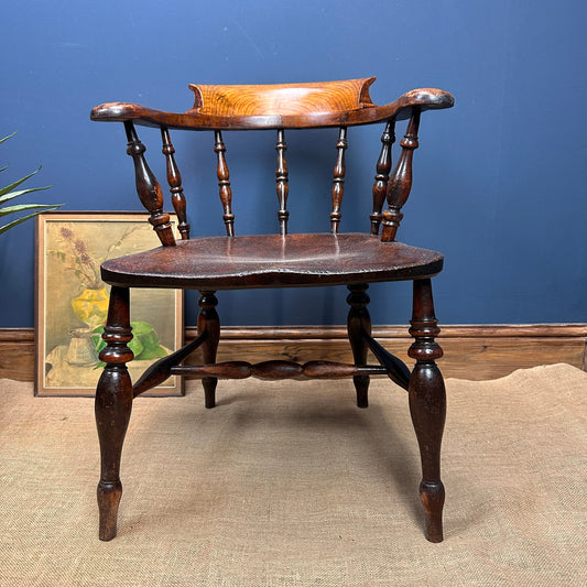 Victorian Antique Captains Smokers Bow Chair Turned Legs