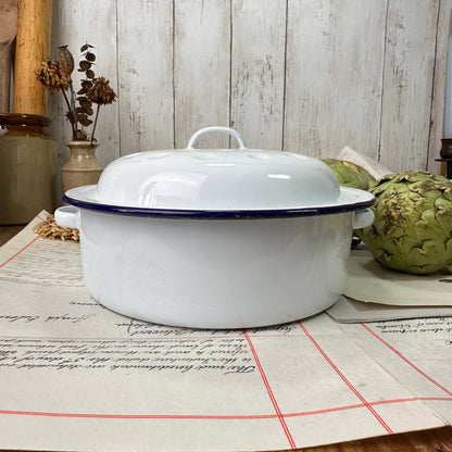 Vintage White Round Roasting Dish with Lid & Handles Blue Trim