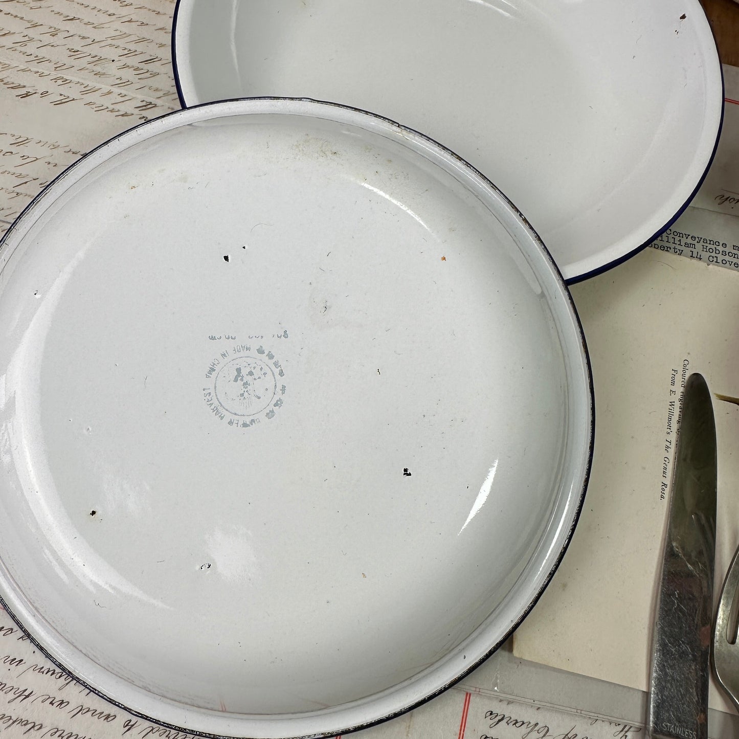 Pair of Vintage Enamel White & Blue Pasta Dish 20cm