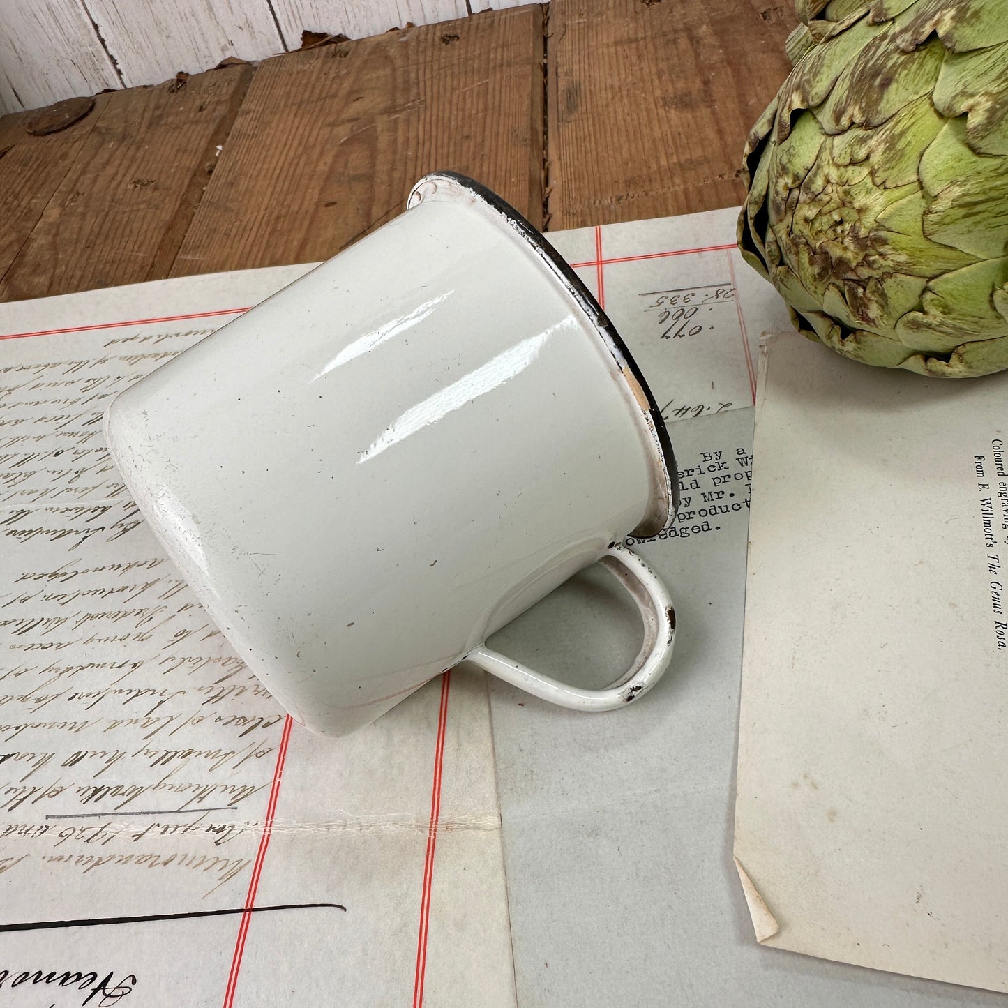 Vintage Enamel White Mug With Black Rim