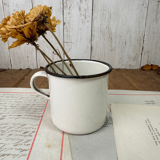 Vintage Enamel White Mug With Black Rim