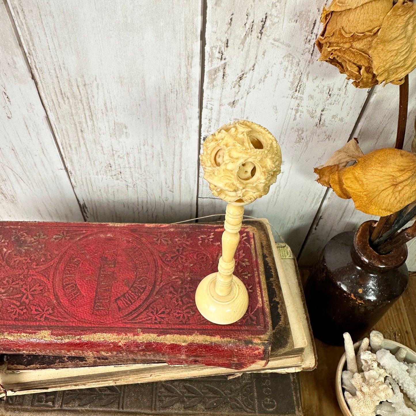 Antique Carved Bone Canton Puzzle Ball & Stand