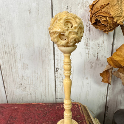 Antique Carved Bone Canton Puzzle Ball & Stand