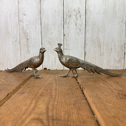 Mid Century Silver Metal Pair of Pheasant Figures