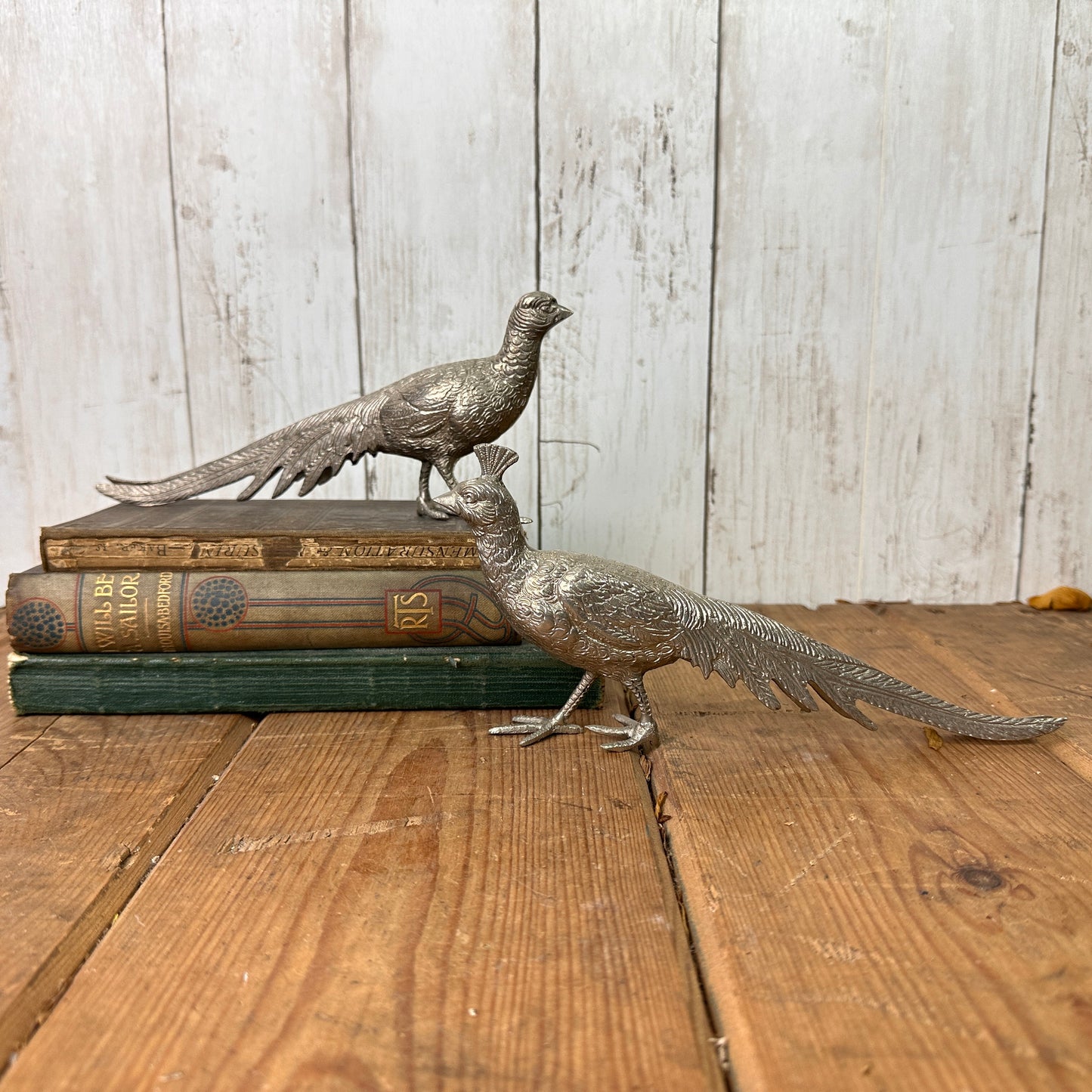 Mid Century Silver Metal Pair of Pheasant Figures