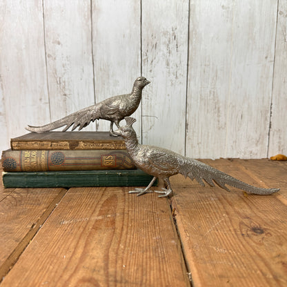 Mid Century Silver Metal Pair of Pheasant Figures