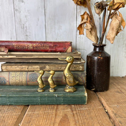 Trio of Mid Century Small Brass Ducks Mother & Ducklings