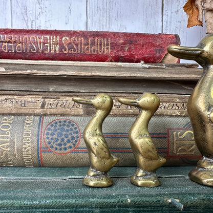 Trio of Mid Century Small Brass Ducks Mother & Ducklings