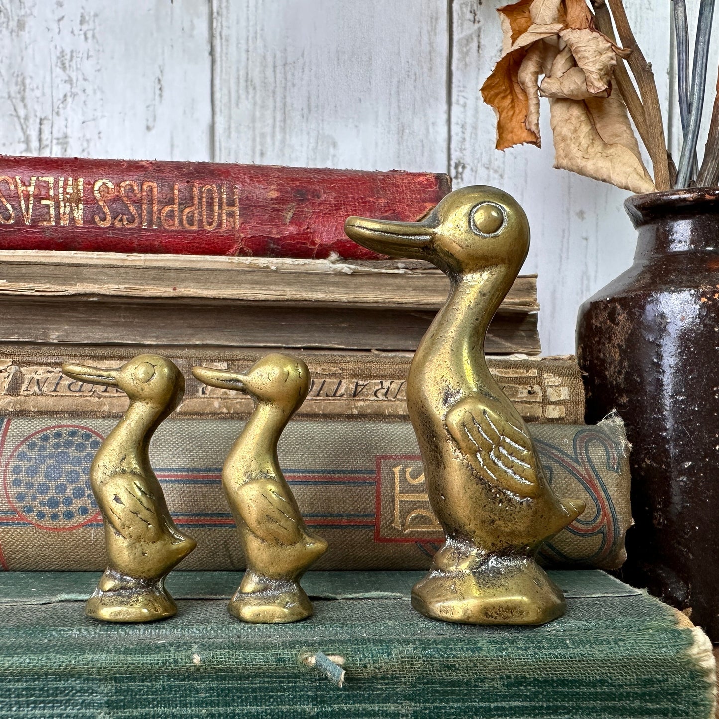 Trio of Mid Century Small Brass Ducks Mother & Ducklings