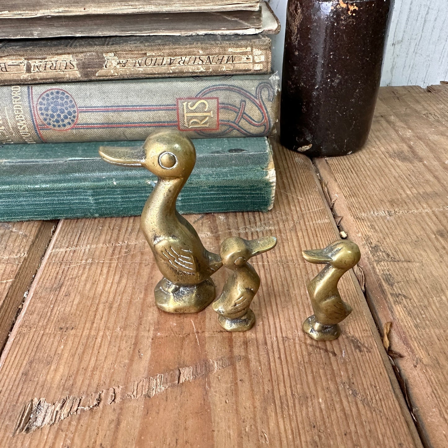 Trio of Mid Century Small Brass Ducks Mother & Ducklings