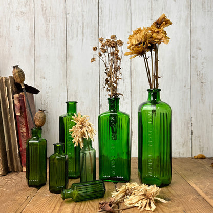 Collection of Seven Green Poison Apothecary Chemist Bottles Vases