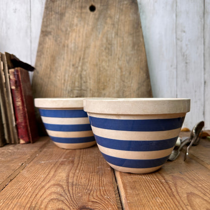 Pair of White & Blue Striped Ironstone Pudding Dish Bowl