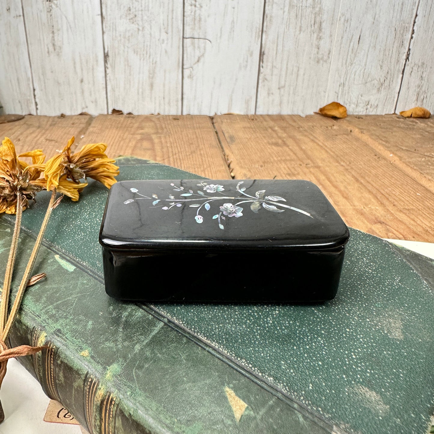 Small Antique Black Inlayed Wooden Box Ring Trinket Dish